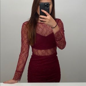 Petite Lace Layer Dress - Burgundy - Topshop